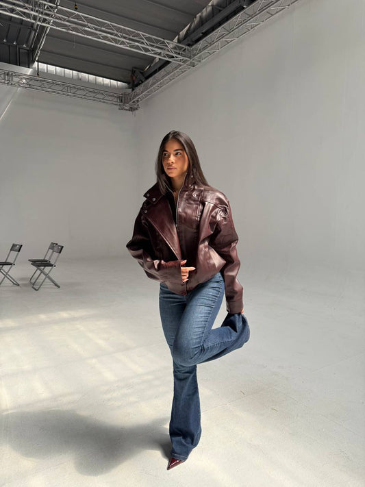 YOSI Burgundy High-Neck Leather Jacket