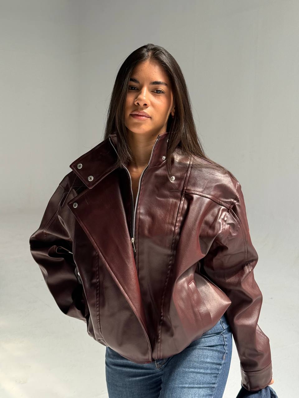YOSI Burgundy High-Neck Leather Jacket