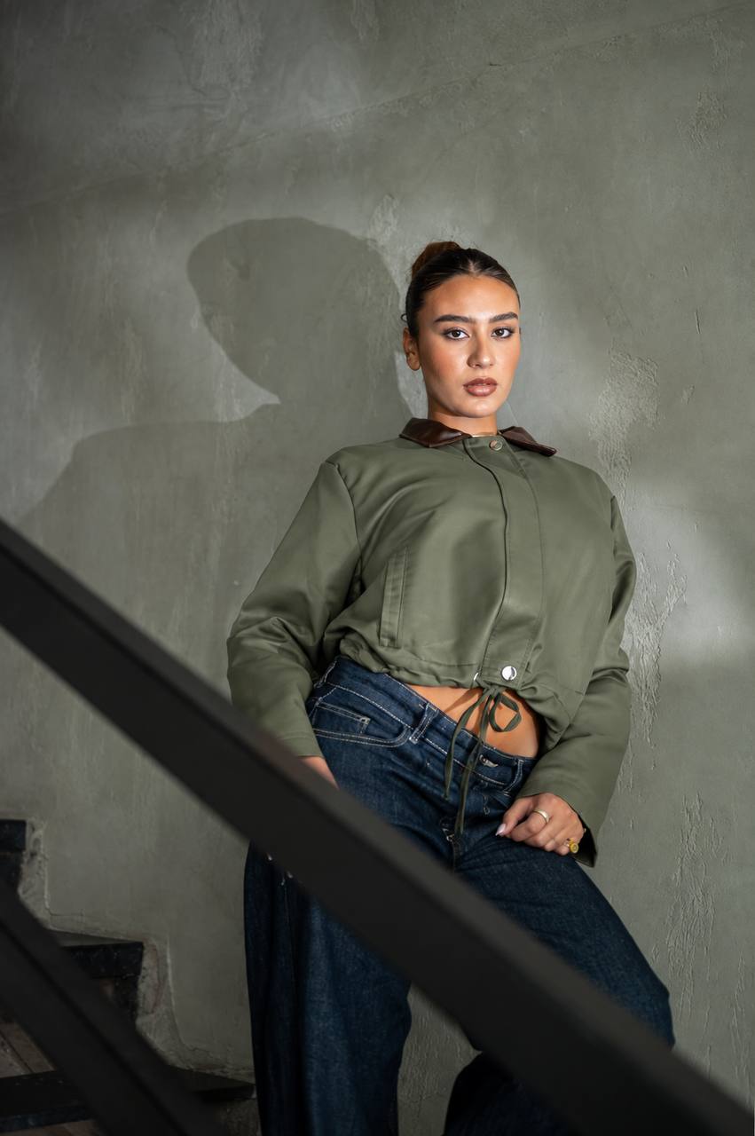 YOSI Olive Cropped Contrast Collar Jacket