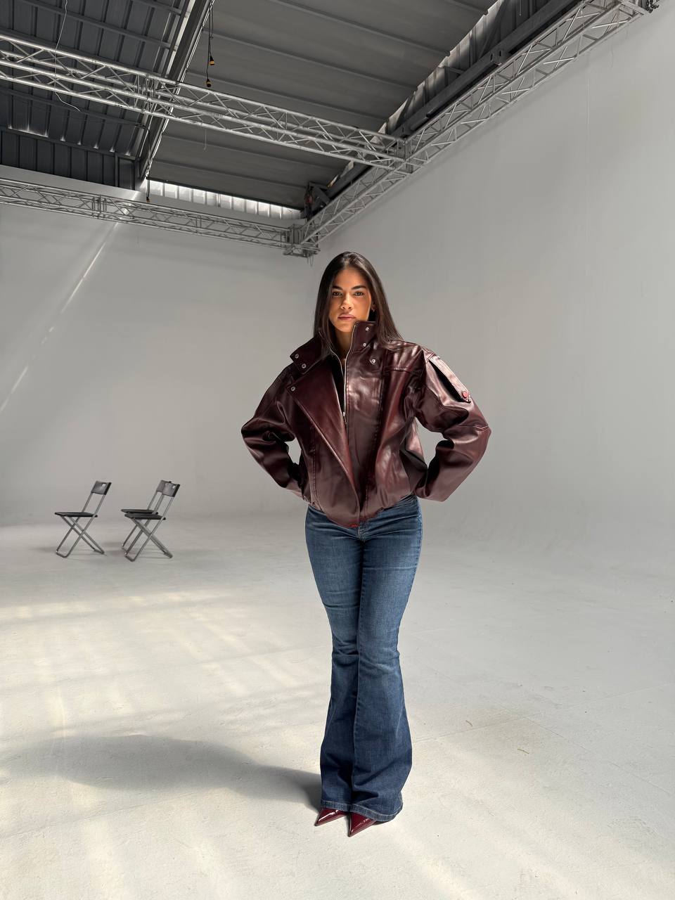 YOSI Burgundy High-Neck Leather Jacket