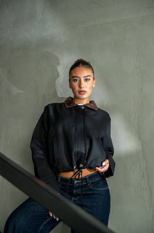 YOSI Black Cropped Contrast Collar Jacket