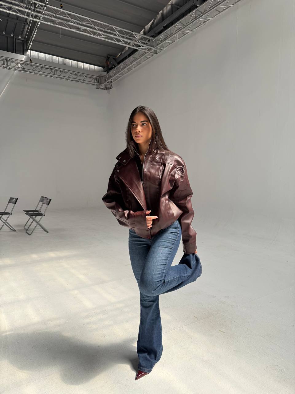 YOSI Burgundy High-Neck Leather Jacket