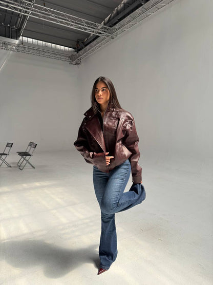 YOSI Burgundy High-Neck Leather Jacket