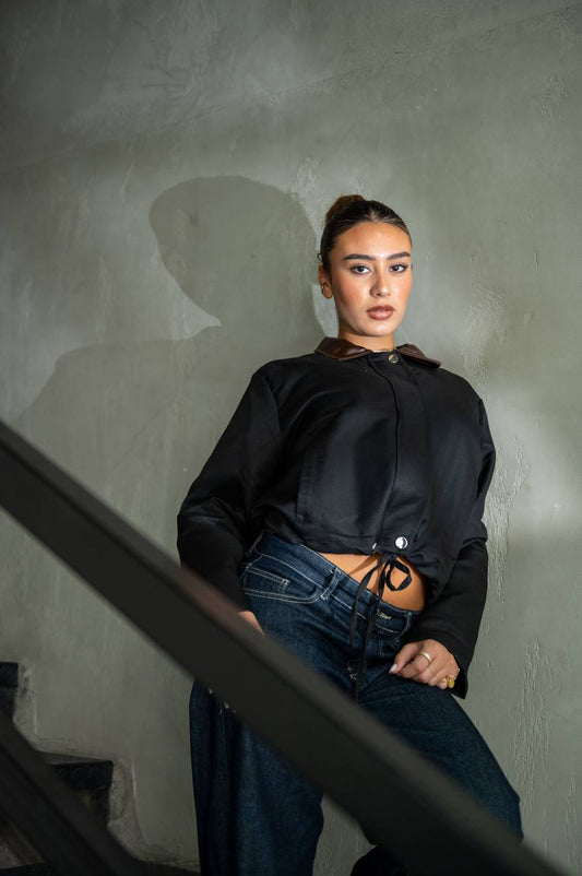 YOSI Black Cropped Contrast Collar Jacket