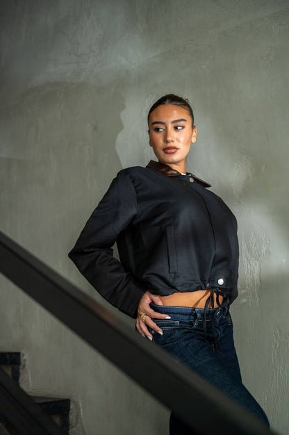 YOSI Black Cropped Contrast Collar Jacket