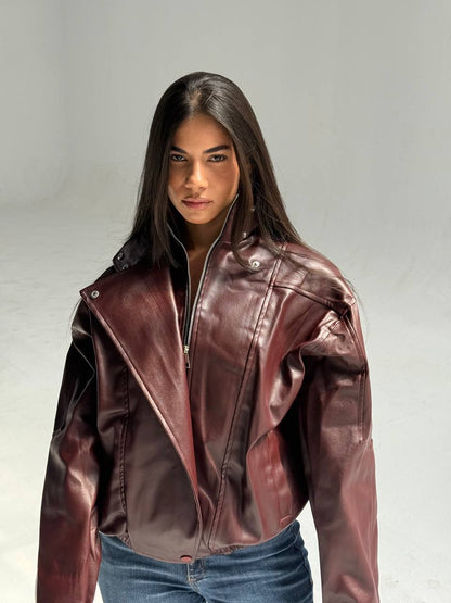 YOSI Burgundy High-Neck Leather Jacket