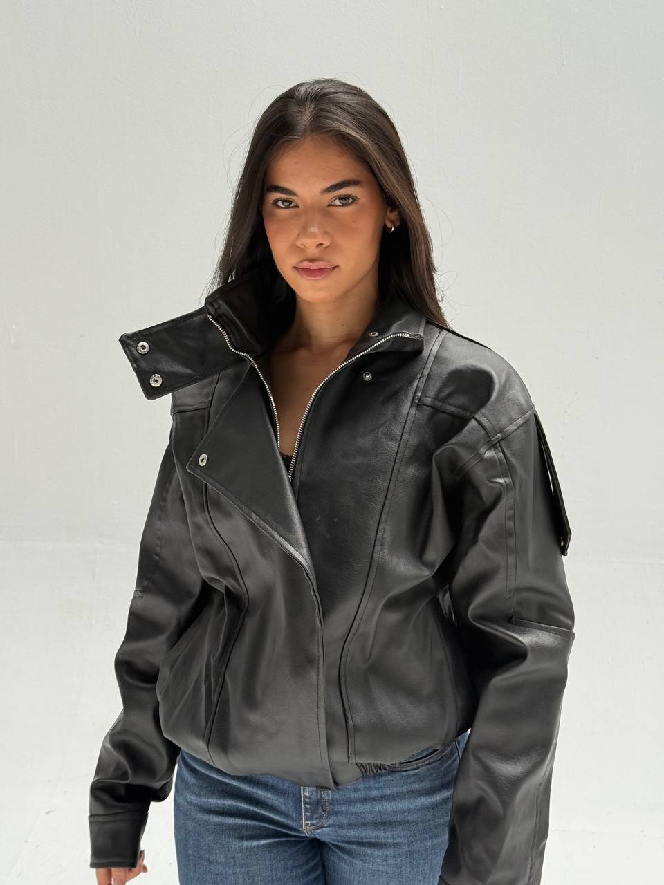 YOSI Black High-Neck Leather Jacket